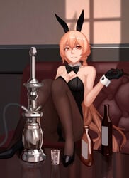 bottle brown_eyes brown_hair bunny_girl bunnysuit fantasia_var female girls'_frontline glass gloves high_heels hookah ots-14_(girls'_frontline) pantyhose