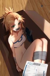 absurdres dingding_tu fate/apocrypha fate/grand_order fate_(series) female highres in_container mordred_(fate) mordred_(fate)_(all) navel restrained translation_request