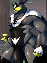 2020 anthro balls big_balls black_body black_fur bulge clothing fur genitals hi_res kemosara legendary_pokémon male male_only muscular muscular_male nintendo pecs pokémon_(species) pokemon single_strike_style_urshifu solo underwear urshifu video_games