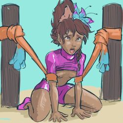 1girls asrelore brown_eyes brown_hair brown_skin female league_of_legends pink_panties pool_party_series pool_party_taliyah razillon small_breasts smaller_female taliyah tied_up tongue tongue_out