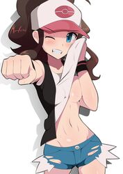 big_breasts brown_hair clothing covering female female_only halubato hat hilda_(pokemon) human long_hair nintendo one_breast_out pokemon ponytail shorts solo solo_female solo_focus tank_top