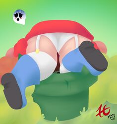 1girls aka_h ass big_butt boots clothing female female_only garter_straps mario_(series) mask nintendo outdoors panties shy_gal solo stuck stuck_in_pipe super_mario_bros. thighhighs underwear upside-down upskirt warp_pipe white_panties