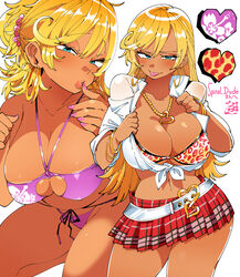 1girls :p belt big_breasts bikini bimbo blonde_hair blue_eyes blush bracelet breasts cleavage dark_skin earrings female female_only gyaru hair_between_eyes hoop_earrings huge_breasts jewelry jk_bitch_sannin_musume! kafun kuro_gyaru leopard_print leopard_print_bra lingerie long_hair looking_at_viewer microskirt midriff miniskirt multiple_views nail_polish navel necklace pleated_skirt ponytail purple_bikini purple_nails sasamori_anna simple_background skirt smile swimsuit tied_shirt tongue tongue_out very_long_hair white_background