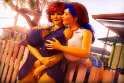 2girls 3d auburn_hair big_ass big_breasts blue_hair breast_grab closed_eyes female female_only hairy kissing marge_simpson maude_flanders milf pubic_hair rasmus-the-owl realistic the_simpsons thick_thighs wide_hips yuri