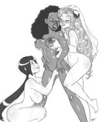 3girls aeolus06 balsa blush breast_grab breasts crossover curvy dark-skinned_female dark_skin el_hazard female female_only human human_only ifurita interracial interracial_yuri large_breasts light-skinned_female light_skin long_hair marvel marvel_comics monica_rambeau monochrome nipples nude photon_(marvel) seirei_no_moribito sketch spectrum_(marvel) thick_thighs threesome voluptuous white_background wide_hips yuri