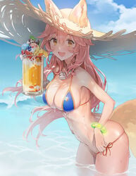 ameyame animal_ears bangs bare_shoulders beach bikini blue_bikini blue_sky blueberry_(not_the_fetish) blush bracelet breasts clavicle cleavage cloud cup day drink ears_through_headwear fate/extra fate/grand_order fate_(series) female food fox_tail fruit golden_eyes hair_between_eyes happy hat high_resolution hip_focus hips holding_drink ice_cream in_water jewelry kitsunemimi large_breasts long_hair looking_at_viewer midriff mug navel necklace ocean oerba_yun_fang open_mouth outdoors parfait partially_submerged peach_(fruit) pink_hair pixiv_id_4595297 pocky side-tie_bikini sky smile solo straw_hat strawberry sun_hat sweets swimsuit tail tamamo_no_mae_(fate) tamamo_no_mae_(swimsuit_lancer) thighs wading waist water wet yellow_eyes