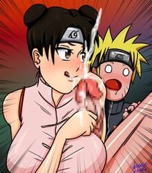 1boy 1girls armpit_fetish armpit_sex armpits chinese_clothes cum cumshot fetish laying_on_table naruto naruto_shippuden sex squeezing surprised sweat tenten tongue_out uzumaki_naruto versus-x