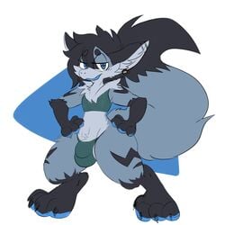 1:1 absurd_res anthro black_body black_ears black_fur black_hair black_tail bulge claws dragon fur furred_dragon genitals grey_body grey_fur grey_tail hair hands_on_hips hi_res kemonoruka_(artist) looking_at_viewer lumikin male male_only penis penis_base pose simple_background solo toe_claws white_background