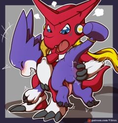 anthro anus ass balls blue_eyes blush claws digimon digimon_(species) digital_media_(artwork) duo erection genitals gumdramon hi_res male male_only nude open_mouth penis shoutmon simple_background smile spanking text toe_claws toes tongue url vitrex wings