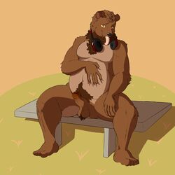 1:1 2020 5_fingers 5_toes absurd_res anthro balls bearphones brown_bear brown_body brown_fur crotch_tuft erection fingers front_view fur genitals grizzly_bear hand_on_stomach hand_on_thigh headphones hi_res humanoid_genitalia humanoid_penis male male_only mammal matidramon navel neck_tuft nude orange_background orange_eyes penis simple_background sitting slightly_chubby solo spread_legs spreading toes tongue tongue_out tuft uncut ursid ursine vein veiny_penis