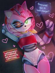 absurd_res amy_rose anthro bodily_fluids bottomless clothed clothing cum cum_in_pussy cum_inside cybernetics cyborg eulipotyphlan female genital_fluids genitals grin hand_behind_back heart hedgehog hi_res looking_at_viewer lying machine mammal on_back pussy robot rusty_rose smile solo sonic_(series) sonic_prime technophilia wishuurin