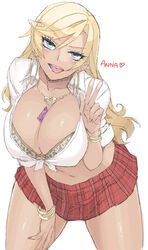 1girls between_breasts big_breasts blonde_hair blue_eyes bra bra_cups_sticking_out bracelet breasts character_name cleavage condom dark_skin female female_only front-tie_top gyaru hoop_earrings hoosaku huge_breasts jewelry jk_bitch_sannin_musume! leaning_forward microskirt midriff naughty_face navel necklace oekaki open_mouth plaid plaid_skirt pleated_skirt sasamori_anna school_uniform shirt skirt solo tan thick_thighs thighs tied_shirt tongue tongue_out underwear v white_background whooosaku