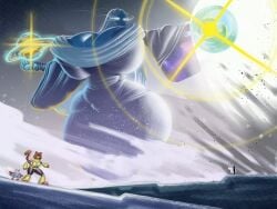 aura blaster blue_clothing blue_diamond_(steven_universe) blue_skin brown_fur brown_hair cat_ears cat_girl cat_tail catgirl clouds depth_of_field dragon_ball dragon_ball_z energy gameoverse gigantic_breasts glowing_eyes kit_(gameoverse) long_hair massive_breasts neko nipple_bulge nipple_outline piccolo planet powering_up robe short_hair space steven_universe tight_clothing white_hair yellow_armor yellow_clothing