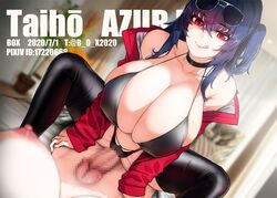 2girls azur_lane bangs bare_shoulders bikini black_bikini black_choker black_legwear blurry blurry_background box20502017 breasts choker collarbone commentary_request cowgirl_position crossed_bangs curtains eyebrows_visible_through_hair futanari halterneck highleg highleg_bikini highres huge_breasts imminent_sex indoors jacket licking_lips lying multi-strapped_bikini multiple_girls multiple_straps nipples off_shoulder on_back one_side_up plant race_queen red_eyes red_jacket sidelocks spread_legs straddling sunglasses sunglasses_on_head swimsuit taihou_(azur_lane) taihou_(enraptured_companion)_(azur_lane) thigh_strap tongue tongue_out xiangzi_box