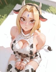 1girl ai_generated animal_ears animal_print bare_shoulders blonde_hair blush breasts brown_eyes cleavage cleavage_cutout clothing_cutout collarbone cow_ears cow_horns cow_print cow_tail day detached_sleeves dress facial_mark fake_animal_ears fake_horns fake_tail forehead_mark fresk0n from_above grass hairband horns large_breasts long_hair looking_at_viewer looking_up mature_female meme_attire naruto naruto_(series) naruto_shippuden outdoors parted_lips shadow sitting sleeveless solo sweater sweater_dress tail thighhighs tsunade turtleneck virgin_killer_sweater white_thighhighs