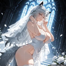 1girl ai_assisted ai_generated animal_ears arknights bangs bare_shoulders bouquet braid breasts bridal_veil church cleavage covered_navel curvaceous curvy curvy_female curvy_figure dress eyebrows_visible_through_hair female flower hair_between_eyes hair_flower hair_ornament half-closed_eyes huge_breasts indoors jewelry lappland_(arknights) large_breasts long_hair looking_at_viewer miyuai petals rose rose_petals silver_hair smile solo standing strapless thick thick_ass thick_butt thick_hips thick_legs thick_thighs thighhighs thighs veil very_long_hair voluptuous voluptuous_female wedding_dress white_dress white_flower white_legwear white_rose wide_hips wide_thighs window