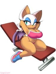 anthro bat big_breasts bikini green_eyes large_breasts omegasunburst pink_bikini rouge_the_bat sonic_(series) sports_bra thick_thighs thong wide_hips workout