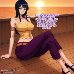 1girl ai_generated arm_support armlet bare_shoulders belt black_hair blue_eyes breasts camisole cleavage crop_top crossed_legs english_text large_breasts long_hair looking_at_viewer midriff nico_robin ocean open_mouth pants shoes sitting smile solo sunset tank_top watermark web_address