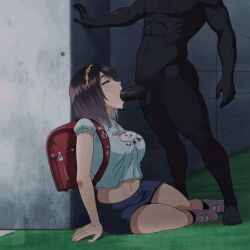 animation anime anime_girl backpack bbc bbc_slave big_breasts brown_hair faceless_male fully_clothed gif irrumatio muscular_male shizuka tagme