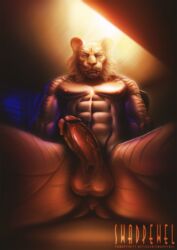 anthro balls domination felid genitals hair hi_res looking_at_viewer male male/male mammal muscular nipples nude pantherine penis perspective realistic smile smirk solo stare stylized swadpewel tiger