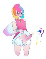 1futa androgynous balls blue_eyes clothing cum cumshot elline fairy fairy_wings flat_chest futa_only futanari intersex kirby_(series) multicolored_hair nintendo panties panties_down penis penis_out rainbow_cum shirt_lift short_hair sleeveless source_request unknown_artist unusual_cum white_background