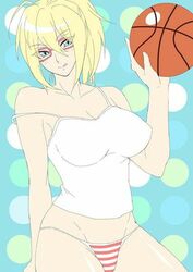 1girls alexandra_garcia armpits artist_request bare_legs basketball_court blonde_hair blouse blue_eyes breasts camisole female fingers glasses hands kuroko's_basketball kuroko_no_basuke legs panties red_glasses striped_panties tied_hair tongue_out underwear_only