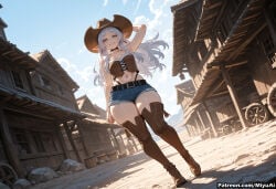 1girl ai_assisted ai_generated bangs bare_shoulders belt boots breasts brown_footwear building cleavage cowboy_hat curvaceous curvy curvy_female curvy_figure day elf female frieren full_body hat leather leather_boots long_hair looking_at_viewer midriff miyuai navel outdoors pointy_ears short_shorts shorts silver_hair sky smile solo sousou_no_frieren standing thick thick_ass thick_butt thick_hips thick_legs thick_thighs thigh_boots thighhighs voluptuous voluptuous_female watermark wide_hips wide_thighs
