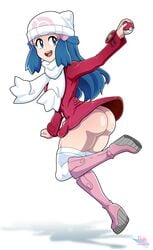 1girls ass big_ass blue_eyes blue_hair boots bottomless clothing dawn_(pokemon) dawn_(pokemon_platinum) female fully_clothed happy high_heels human jpeg jumping long_hair nintendo no_panties pale-skinned_female pale_skin platform_boots platform_footwear platform_heels pokeball pokemon pokemon_dppt pokemon_platinum protoscene red_coat red_jacket scarf skirt skirt_lift smile stockings thick_ass thick_thighs thighhighs thighs white_background white_legwear white_scarf white_stockings white_thighhighs winter_clothes