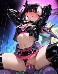 ai_generated arms_above_head arms_behind_head arms_up bangs big_penis biting_lip biting_own_lip black_hair blush crop_top dark_hair half-closed_eyes hands_on_hips hands_on_waist huge_cock human_female interspecies interspecies_fuck interspecies_sex large_penis leather leather_clothing leather_jacket legs_apart legs_open legs_spread long_penis looking_at_viewer marnie_(pokemon) miniskirt monster monster_cock monster_on_female on_stage panties petite petite_body petite_breasts petite_female pokemon pokemon_(species) pokephilia porn_star public public_exposure public_sex reverse_cowgirl_position riding riding_penis short_hair sitting sitting_on_penis sitting_on_person skirt spread_legs spreading stage stage_lights tagme thighhighs tied_hair tongue tongue_out toxtricity twintails two-tone_hair vagina vaginal_penetration vaginal_sex