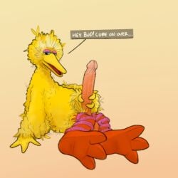 1boy anthro avian big_bird big_penis bird dialogue erection feathers feet furry furry_male furry_only genitals hand_on_penis huge_cock large_penis looking_at_viewer male male_only mature mature_male muppet open_mouth orange_legs penis pfotephilia sesame_street sitting solo solo_focus solo_male talking_to_viewer text text_bubble yellow_feathers