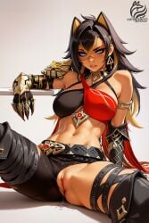 1girl ai_assisted ayakonarts blue_eyes dehya_(genshin_impact) genshin_impact masturbation multicolored_hair solo white_background