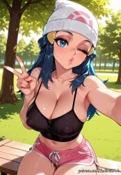 1girl 2026 ai_generated anime armpits bare_shoulders beanie bench blue_eyes blue_hair blush boobs breasts camisole cleavage collarbone covered_nipples crossover dawn_(pokemon) day dolphin_shorts eye_contact eyelashes female female_focus fingernails flushed grass hair_accessory hair_ornament hairclip hat highres huge_breasts large_breasts lips long_hair looking_at_viewer midriff navel nintendo nsfw one_eye_closed outdoors patreon patreon_username pink_shorts puckered_lips reaching_towards_viewer rognezart see-through selfie short_shorts shorts sitting solo sweat sweaty thick_thighs thighs tree v very_long_hair watermark web_address white_headwear
