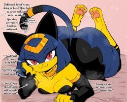 1girls anthro anthro_only ass big_ass big_thighs blue_hair blush breasts bubble_ass bubble_butt cat_ears cat_girl cat_tail catgirl dialogue dumptruck_ass dumptruck_butt female gigantic_ass gigantic_thighs heart huge_ass huge_thighs looking_at_viewer medium_breasts pal_(species) palworld plastic_pyramid pocketpair seductive seductive_eyes seductive_look seductive_smile sekhmet_(pal) short_hair sweat sweatdrop sweating text thick_thighs thighs