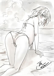 1girls 2019 all_fours ass bare_thighs beach bent_over bikini female isshi_pyuma looking_back misaka_mikoto pregnant short_hair signature solo solo_female swimsuit teenage_girl teenager thighs third-party_edit to_aru_kagaku_no_railgun to_aru_majutsu_no_index young