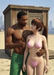 1boy1girl 1girl1boy 3d abs afternoon ai ai-created ai_art ai_assisted ai_generated asian_female beach beach_shorts bikini black_male blue_sky bracelet carl_johnson changing_room city_background close_together compliment complimenting_partner couple crossover cute_expression cute_face dark-skinned_male dead_or_alive eastern_and_western_character gangster gold_chain gold_jewelry gold_watch grand_theft_auto grand_theft_auto:_san_andreas hand_around_waist hand_on_body happy happy_female in_love interracial jewelry kasumi_(doa) koei_tecmo kunoichi light-skinned_female looking_at_another looking_at_partner los_santos loving_couple loving_gaze muscular muscular_male necklace ninja ninja_gaiden ocean pink_bikini polka_dot_bikini ponytail reassuring relieved rockstar_games romantic_couple sand six_pack smile smile_at_partner team_ninja thong thumbs_up wowzerspowzers