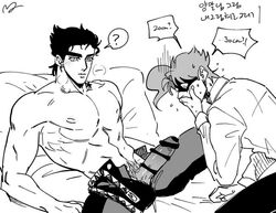 2boys abs bed big_penis black_and_white clothed digital_media_(artwork) earrings gay grayscale huge_cock huge_penis imminent_sex jojo's_bizarre_adventure jotaro_kujo korean_text large_penis laying_down male male_only muscular noriaki_kakyoin penis pillow pubic_hair sayo_(artist) shirtless stardust_crusaders unzipped yaoi