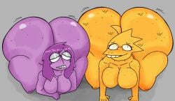 alphys_(deltarune) alphys_(undertale) ambiguous_genitalia anthro ass ass_focus big_ass blush chubby color completely_nude deltarune dinosaur_girl eyelashes female furu_flami glasses grey_background huge_ass humanoid hyper_ass long_hair naked nerd nonbinary nonbinary_(lore) nude open_eyes purple_hair purple_skin seth_(deltarune) simple_background thick_thighs yellow_body yellow_skin