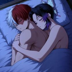 1boy 1girls ai_generated black_and_purple_hair boku_no_hero_academia butterfly_hair_ornament completely_nude cowgirl_position crossover crossover_couple crossover_sex crossover_ship crossover_shipping demon_slayer dialogue face_to_face kimetsu_no_yaiba kiss kissing kochou_shinobu love love_sex moon my_hero_academia night purple_hair red_and_white_hair romantic romantic_couple shinobu_kocho shouto_todoroki sleeping todoroki_shouto window