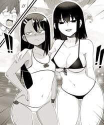 1boy 2girls alternate_version_available angry annoyed big_breasts bikini black_and_white black_hair breasts cleavage clothed clothing curvy female glasses hayase_nagatoro long_hair looking_at_viewer male misaki_nagatoro monochrome naoto_hachioji_(senpai) nonamoth open_mouth please_don't_bully_me,_nagatoro revealing_clothes shocked short_hair simple_background sisters small_breasts swimsuit tanline white_background wide_hips