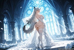 1girl ai_assisted ai_generated animal_ears arknights ass bangs bare_shoulders bouquet breasts church curvaceous curvy curvy_female curvy_figure dress elbow_gloves female flower full_body gloves high_heels huge_breasts indoors lappland_(arknights) long_hair looking_at_viewer looking_back miyuai petals solo standing tail thick thick_ass thick_butt thick_hips thick_legs thick_thighs thighhighs thighs underwear veil very_long_hair voluptuous voluptuous_female wedding_dress white_dress white_gloves white_legwear wide_hips wide_thighs window