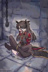 1girl absurdres anal anal_object_insertion arms_behind_back ball_gag bdsm black_ribbon blue_eyes bondage boots bound breast_bondage breasts brown_hair coat commentary crotch_rope dildo drooling fate_(series) gag gag_harness gagged high_heel_boots high_heels highres honkai:_star_rail honkai_(series) indoors long_hair looking_at_viewer medium_breasts nero_augustus object_insertion panties pussy_juice restrained ribbon sex_toy shibari shibari_over_clothes sitting skindentation thighhighs tohsaka_rin tohsaka_rin_(honkai:_star_rail) trembling twintails underwear vaginal vaginal_object_insertion vibrator white_panties wiffle_gag