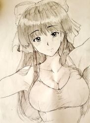 1girls armpits arms_at_sides big_breasts black_hair breasts busty cleavage female female_only hair_ribbon hi_res highres large_breasts leotard long_hair looking_at_viewer monochrome ponytail ribbon sakura_shinguji sakura_wars sega sketch smile solo traditional_media traditional_media_(artwork) voluptuous