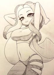 blush breasts clothing female female_only half-closed_eyes hands_behind_head large_breasts looking_at_viewer monochrome navel nintendo nobunagapero octoling peronattu perotako_chan_(nobunagapero) ripped_clothing ripped_leggings shirt sketch smile smirk solo solo_female splatoon splatoon_2 tentacle thick_thighs thighs