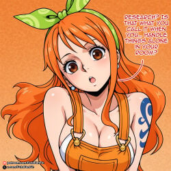 1girl ai_generated arm_tattoo bare_shoulders bikini blush breasts brown_eyes cleavage collarbone earrings english_text green_hairband hairband jewelry large_breasts long_hair looking_at_viewer nami_(one_piece) open_mouth orange_background orange_hair overalls shoulder_tattoo solo swimsuit tattoo upper_body watermark web_address