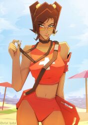 1girls artist_name bag beach bella big_breasts brown_hair crop_top curvy dark-skinned_female defal_hady_(artist) earrings flirting_look hair_over_one_eye large_breasts lifeguard lifeguard_swimsuit looking_at_viewer mature_female oc original original_character outdoors teasing_look tied_hair tongue tongue_out twintails waist_bag watermark yellow_eyes