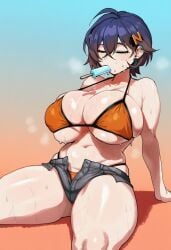 ai_generated belle_(zenless_zone_zero) big_breasts bikini bikini_top blue_hair breast_grab breasts breasts_out female female_only hoyoverse sniksnak99 solo solo_female zenless_zone_zero