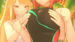 2girls 3d animated black_one-piece_swimsuit blonde_hair breasts grabbing_another's_breast groping large_breasts long_hair looking_at_viewer multiple_girls mythra mythra_(radiant_beach)_(xenoblade) nurico one-piece_swimsuit pyra pyra_(pro_swimmer)_(xenoblade) red_hair red_one-piece_swimsuit short_hair strapless strapless_one-piece_swimsuit swimsuit tagme two-tone_swimsuit video white_one-piece_swimsuit xenoblade_chronicles_(series) xenoblade_chronicles_2 yuri