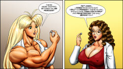 2girls blonde_hair breasts brown_hair dcmatthews female glasses hair long_hair muscular_female