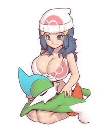 1boy 1girls alternate_breast_size beanie big_breasts blue_eyes blue_hair breasts cleavage clothed clothing dawn_(pokemon) female folded_hair front-tie_top gallade hair_ornament hairclip hat high_resolution human lap_pillow long_hair male mystical plantpenetrator pokemon pokemon_(species) pokemon_dppt wholesome