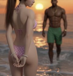 1boy1girl 1girl1boy 3d abs afternoon afternoon_sky ai ai-created ai_art ai_assisted ai_generated asian_female ass beach beach_shorts bikini bikini_bottom bikini_top black_male booty bra bracelet butt carl_johnson couple crossover dark-skinned_male dead_or_alive eastern_and_western_character focus gangster gold_chain gold_jewelry gold_watch grand_theft_auto grand_theft_auto:_san_andreas hands_behind_back head_turn heels high_heels in_water interracial jewelry kasumi_(doa) koei_tecmo kunoichi light-skinned_female los_santos muscular muscular_male necklace nervous ninja ninja_gaiden ocean pink_bikini polka_dot_bikini ponytail rockstar_games romantic romantic_ambiance romantic_couple shy six_pack sun sunset team_ninja thong waiting walking wowzerspowzers yearning